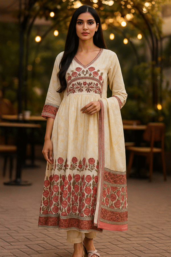 Jaipuri Floral Anarkali Kurti with Dupatta