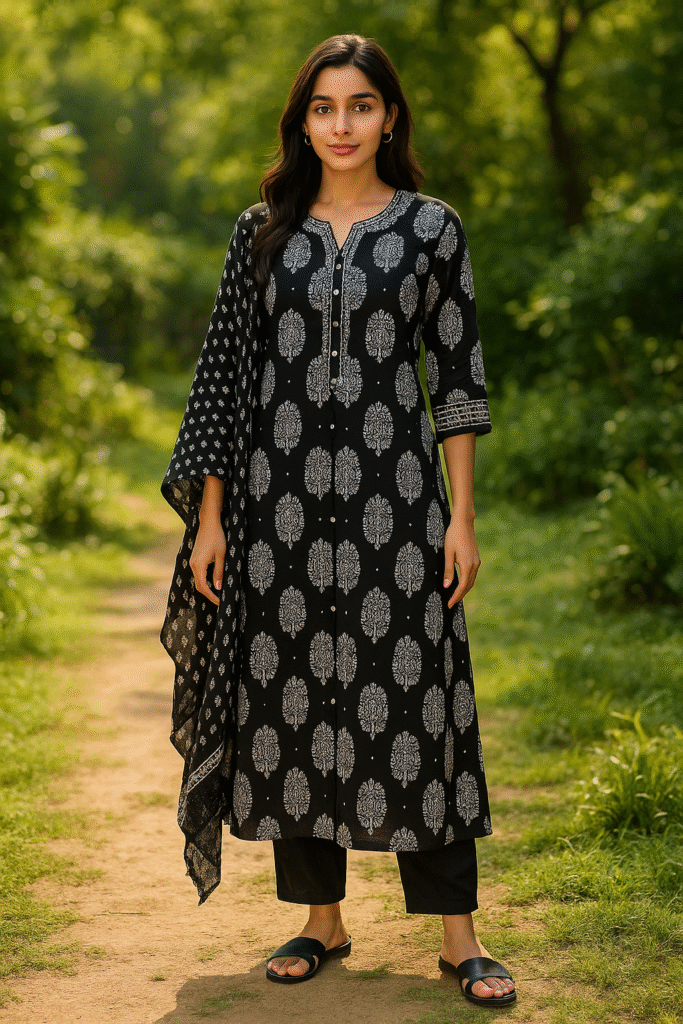embroidery worked anarkali kurti full gher with printed dupatta