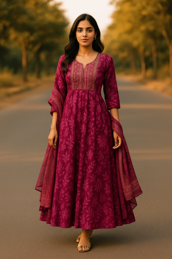 elegant magenta floral anarkali kurti with dupatta