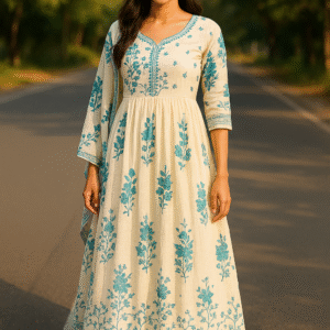 off white kurti with teal colour floral embroidery