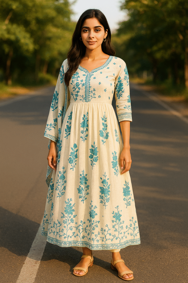 off white kurti with teal colour floral embroidery
