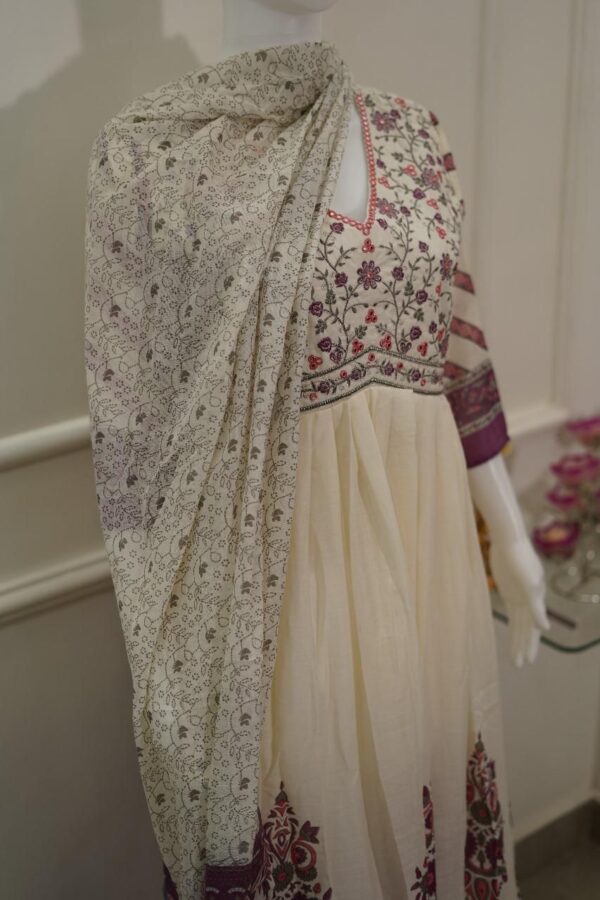 women's beautiful off white floral cotton anarkali kurta with dupatta