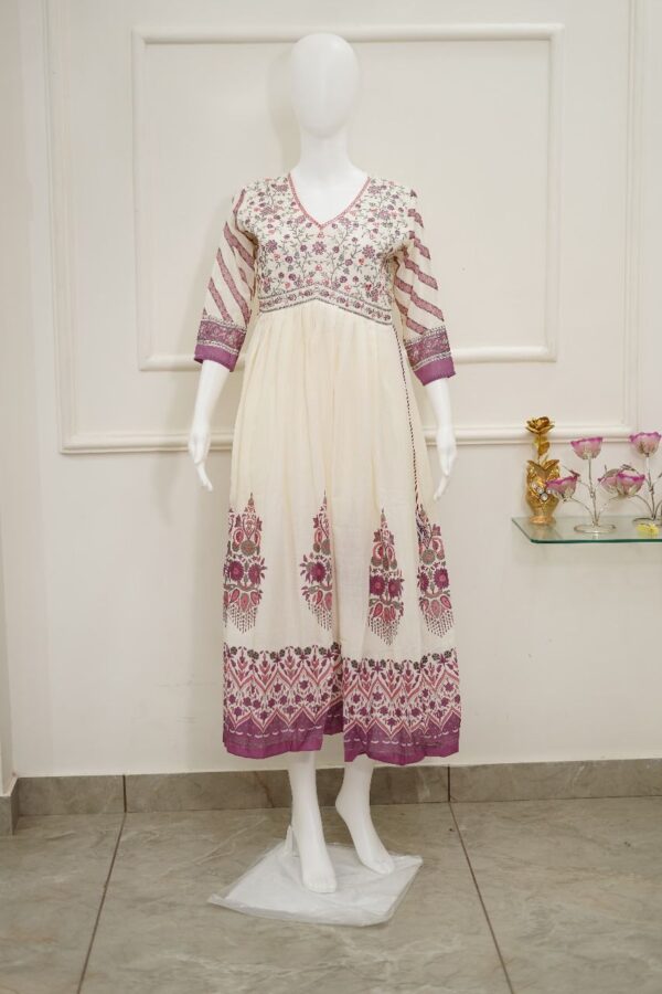 women's beautiful off white floral cotton anarkali kurta with dupatta