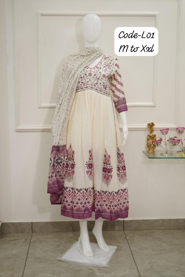 women's beautiful off white floral cotton anarkali kurta with dupatta