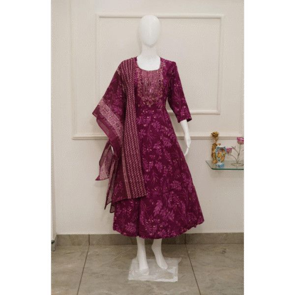 elegant magenta floral anarkali kurti with dupatta