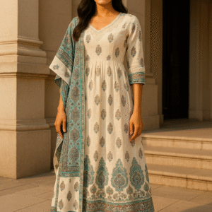 ethnic kurti with matching belt and dupatta