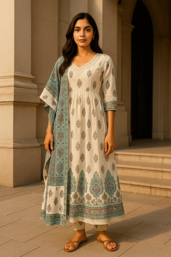 ethnic kurti with matching belt and dupatta