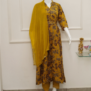 🌸 women’s mustard yellow floral printed kurti set