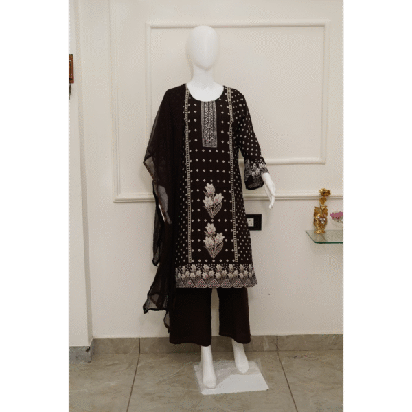 elegant brown embroidered 3 piece suit