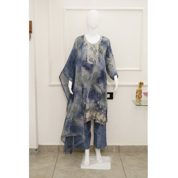 elegant blue embroidered 3 piece suit