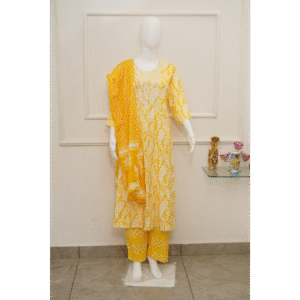 yellow printed kurta set with dupatta