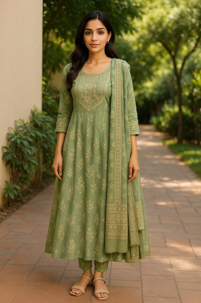 elegant green anarkali kurti with dupatta