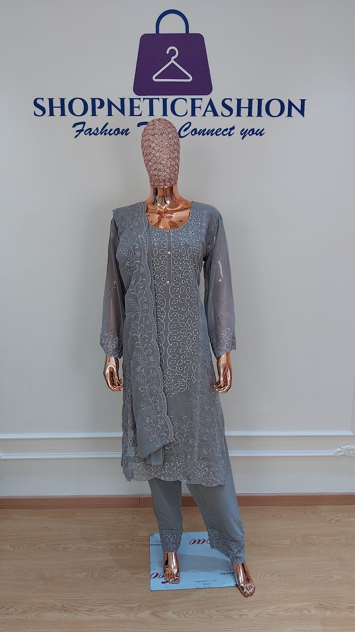 Elegant Chikankari Embroidered 3 Piece Suit Set - Image 2
