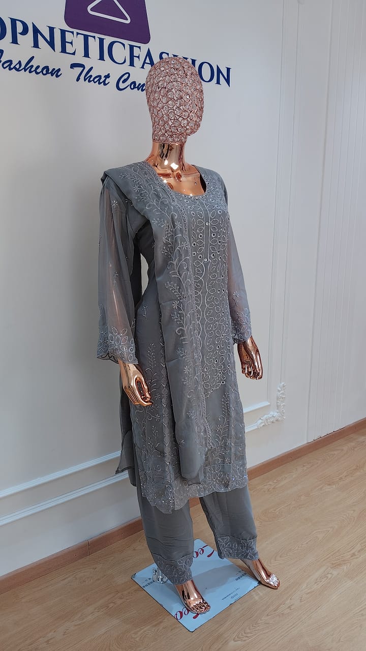 Elegant Chikankari Embroidered 3 Piece Suit Set - Image 4