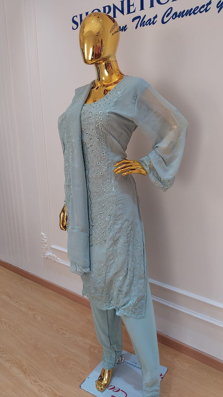 Elegant Chikankari Embroidered 3 Piece Suit Set - Image 5