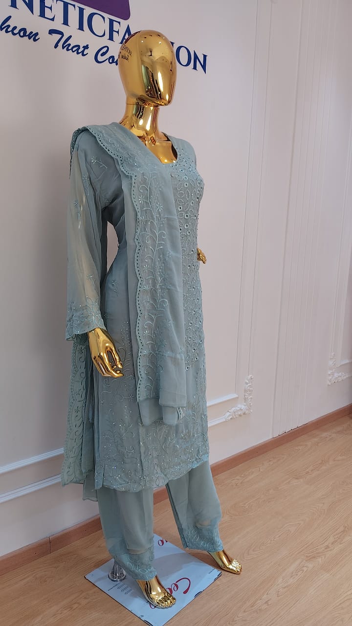 Elegant Chikankari Embroidered 3 Piece Suit Set - Image 6