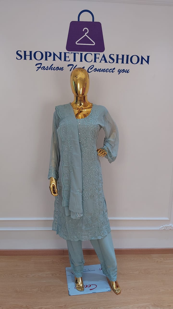 Elegant Chikankari Embroidered 3 Piece Suit Set