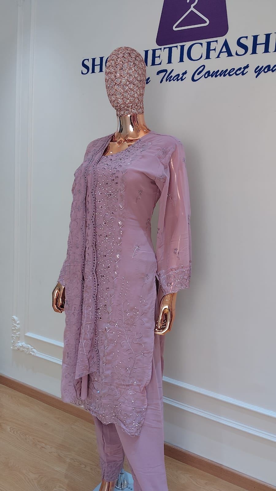 Elegant Chikankari Embroidered 3 Piece Suit Set - Image 12